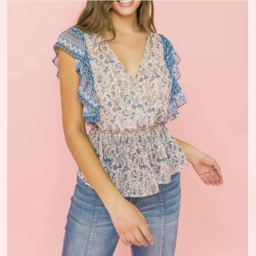 NEW floral print ruffle peplum top blue S M L